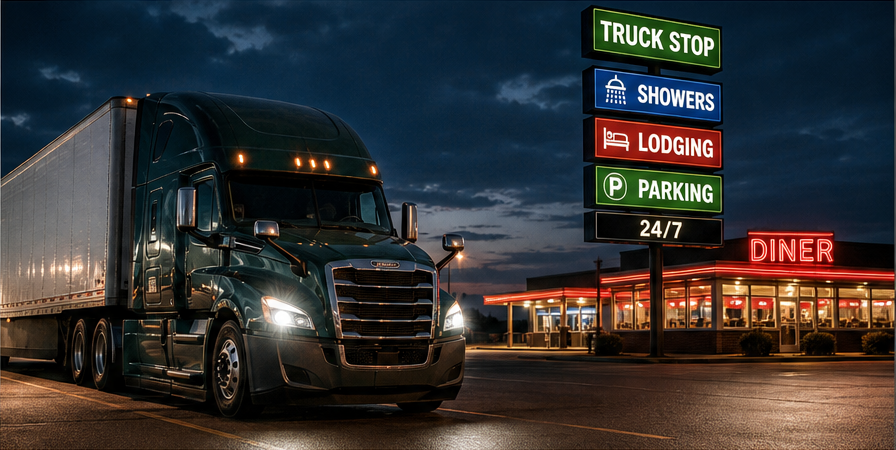Semi truck at a well-lit truck stop with showers, lodging, parking, and diner signs
